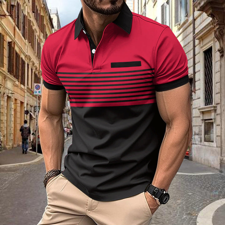 Men's slim fit striped polo shirt with short sleeves and contrasting collar, ideal for smart casual fashion.