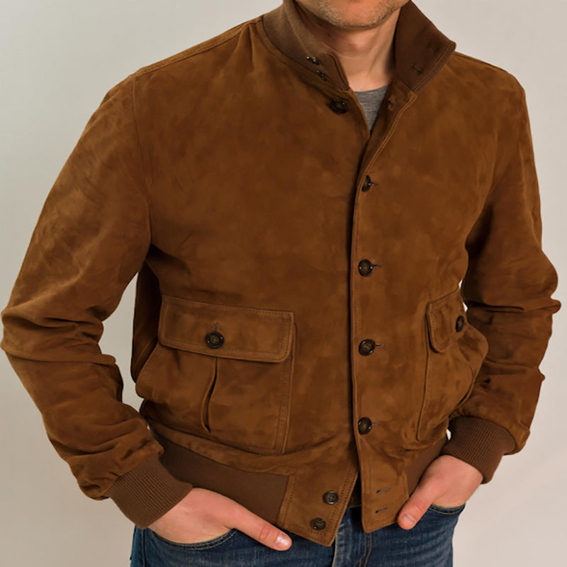 Men's slim suede jacket with stand collar, button front, and flap pockets. Tailored fit, perfect for casual and semi-formal w