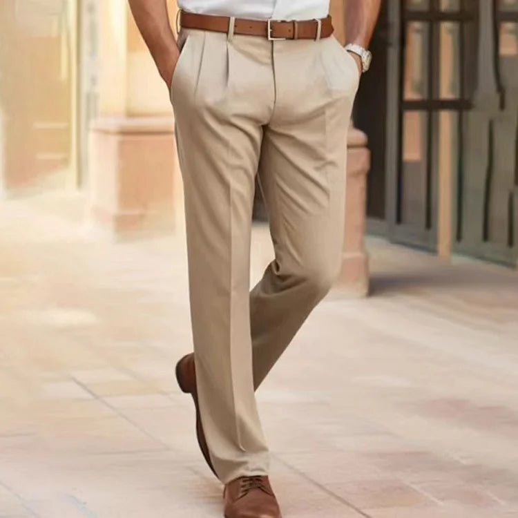 "Men's smart casual cotton trousers, relaxed fit with pockets, high-quality fabric, versatile style for any occasion."