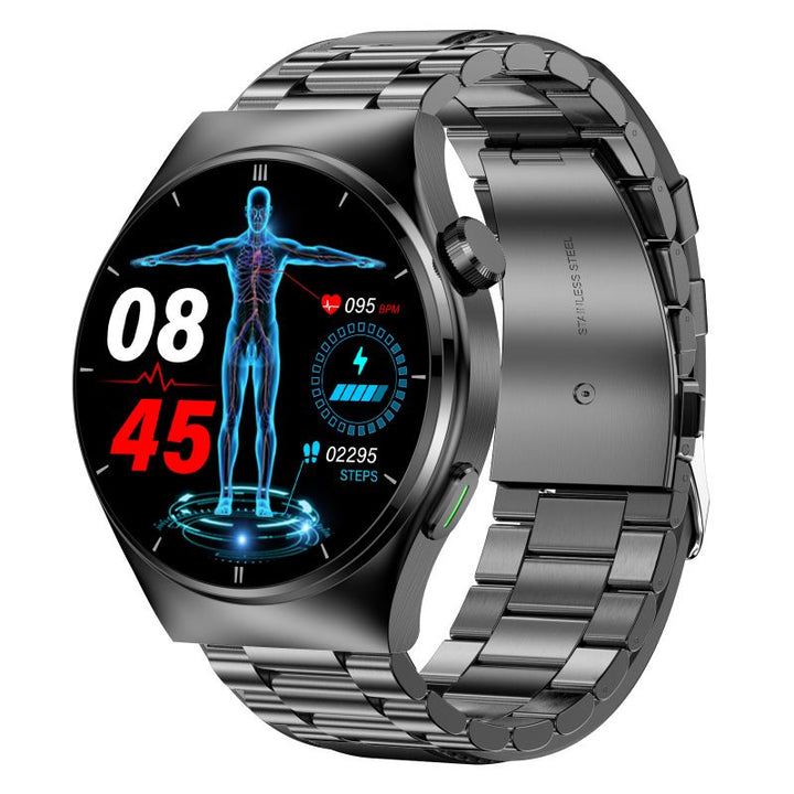 Men's smartwatch with health monitoring, pain-free glucose and blood pressure tracking, modern design, available in multiple 