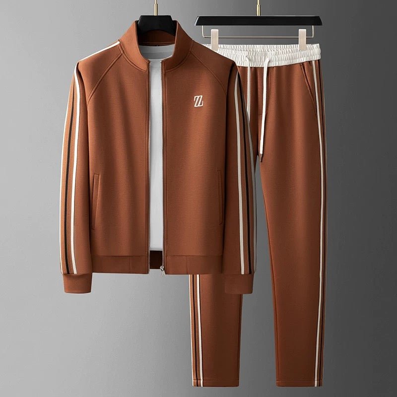 "Men's sporty tracksuit set lycra fabric, sleek lines, stripe accents, tailored fit, showcasing athletic physique."