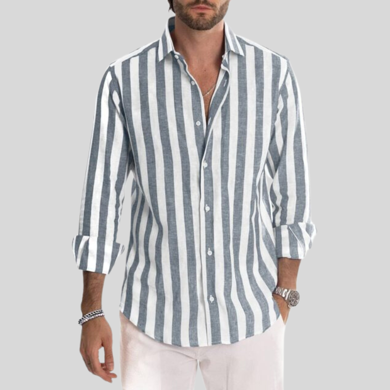 "Men's striped linen shirt with vertical stripes, lightweight fabric for casual outings, stylish and comfortable fit."
