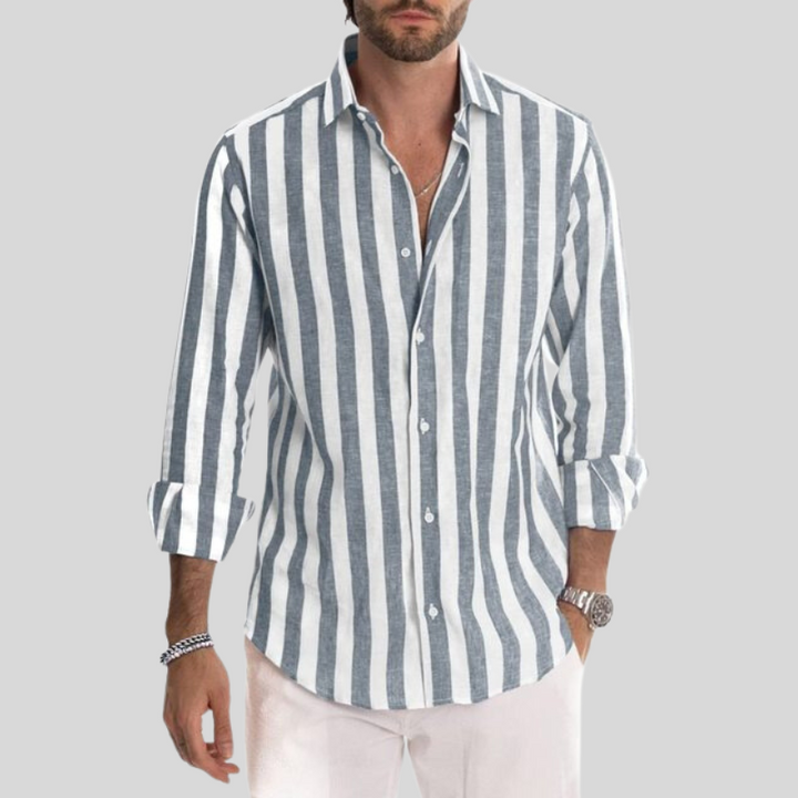 "Men's striped linen shirt with vertical stripes, lightweight fabric for casual outings, stylish and comfortable fit."