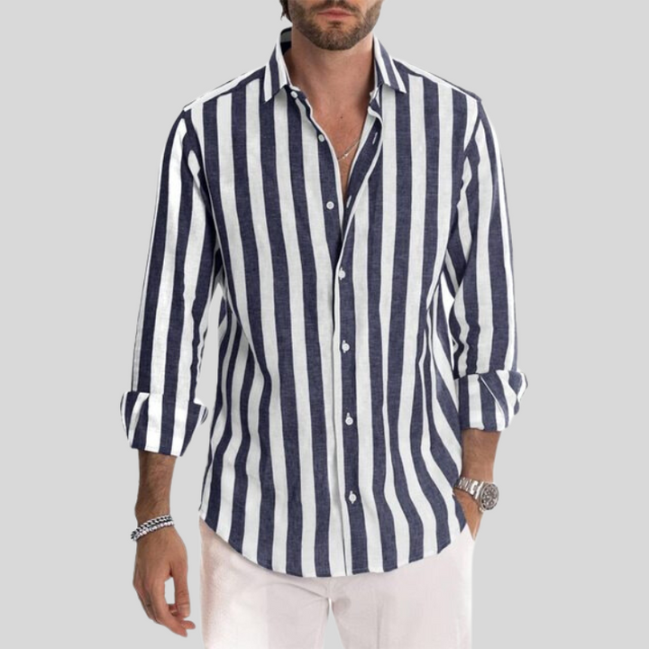 "Men's striped linen shirt with vertical stripes, lightweight fabric for casual outings, stylish and comfortable fit."