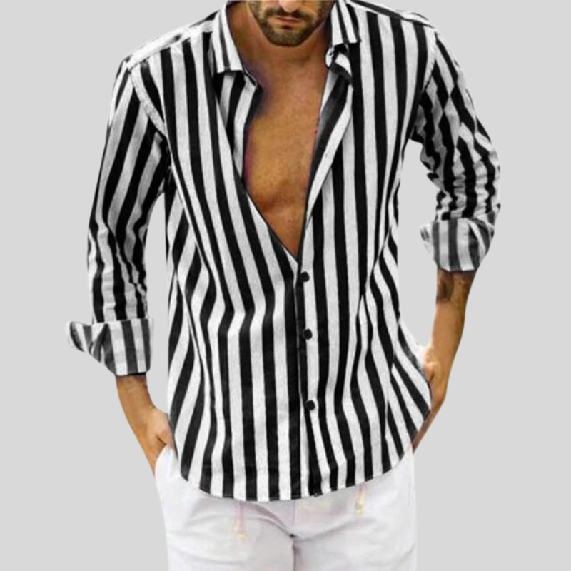 "Men's striped linen shirt with vertical stripes, lightweight fabric for casual outings, stylish and comfortable fit."