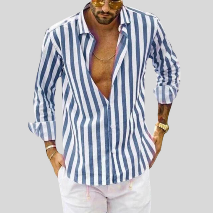 "Men's striped linen shirt with vertical stripes, lightweight fabric for casual outings, stylish and comfortable fit."