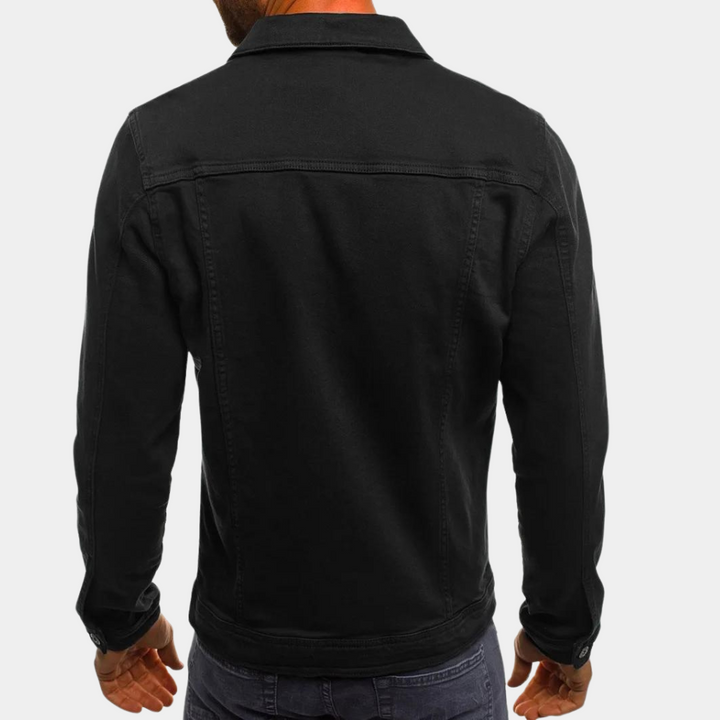 "Men's stylish denim jacket, classic cut, clean lines, versatile for smart-casual wear, perfect for spring to autumn seasons.