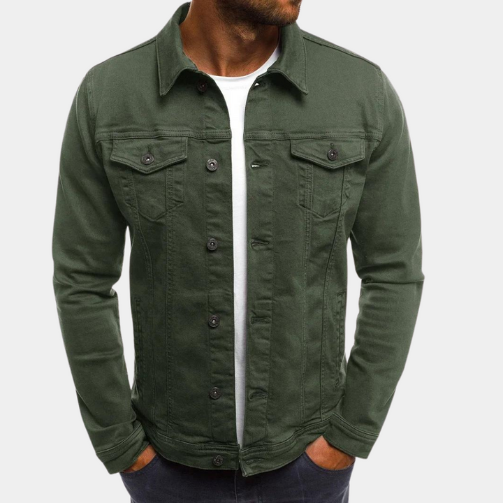 "Men's stylish denim jacket, classic cut, clean lines, versatile for smart-casual wear, perfect for spring to autumn seasons.