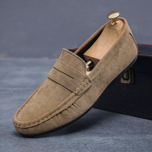 Men's suede driving loafers, slip-on with premium upper and durable rubber sole, side view for casual or semi-formal use.
