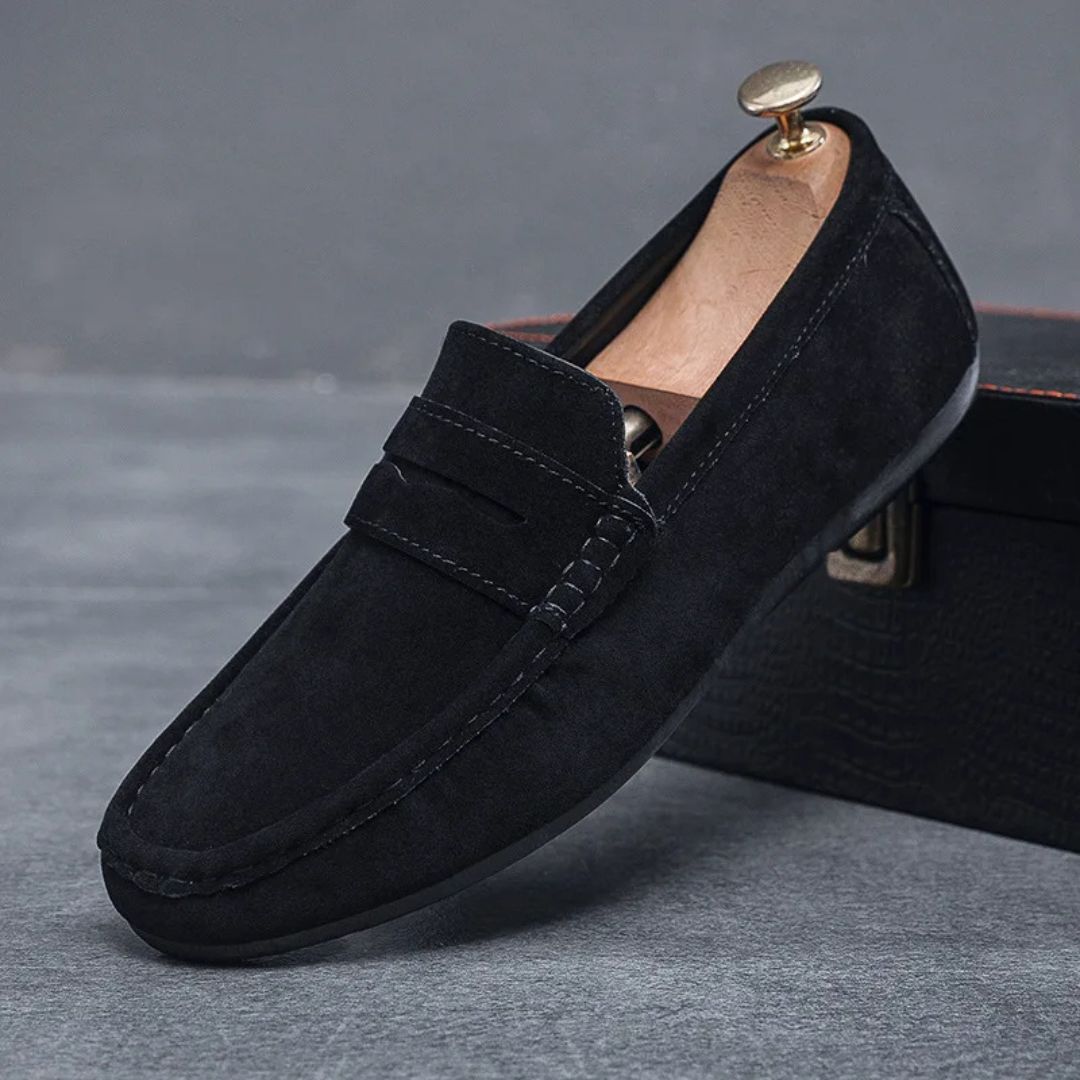 Men's suede driving loafers, slip-on with premium upper and durable rubber sole, side view for casual or semi-formal use.