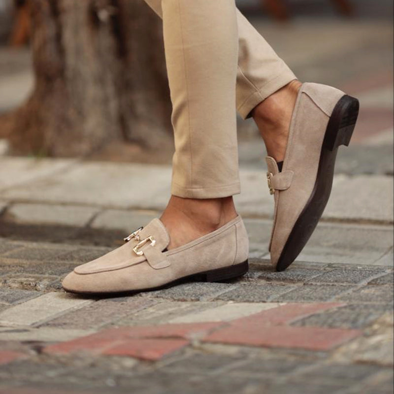 "Men's suede loafers with horsebit detail, featuring premium suede and classic almond toe design for stylish versatility."