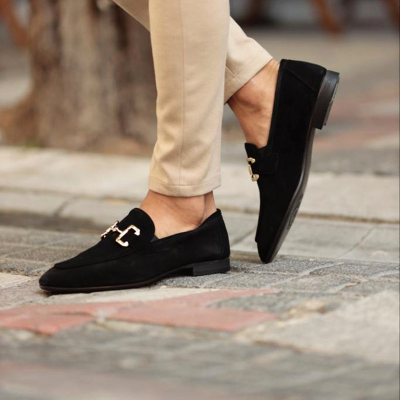 "Men's suede loafers with horsebit detail, featuring premium suede and classic almond toe design for stylish versatility."