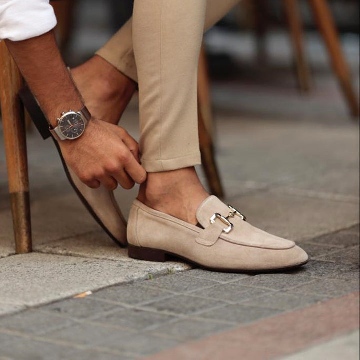 "Men's suede loafers with horsebit detail, featuring premium suede and classic almond toe design for stylish versatility."