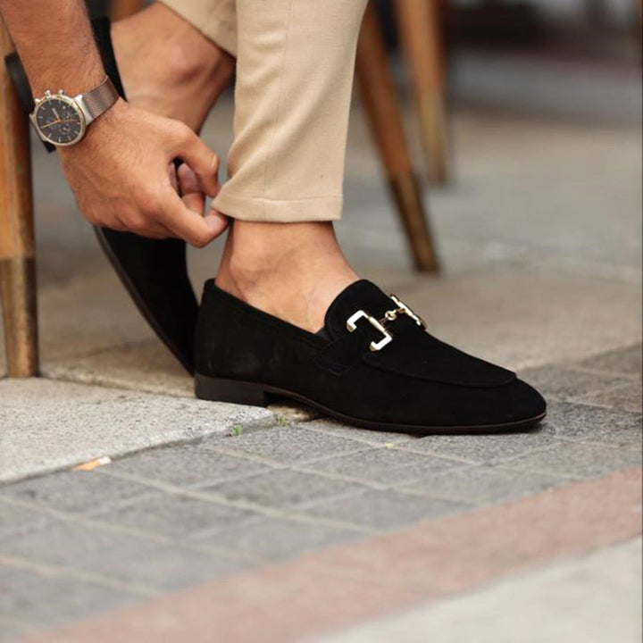 "Men's suede loafers with horsebit detail, featuring premium suede and classic almond toe design for stylish versatility."