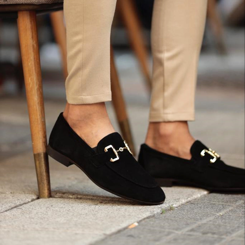 "Men's suede loafers with horsebit detail, featuring premium suede and classic almond toe design for stylish versatility."