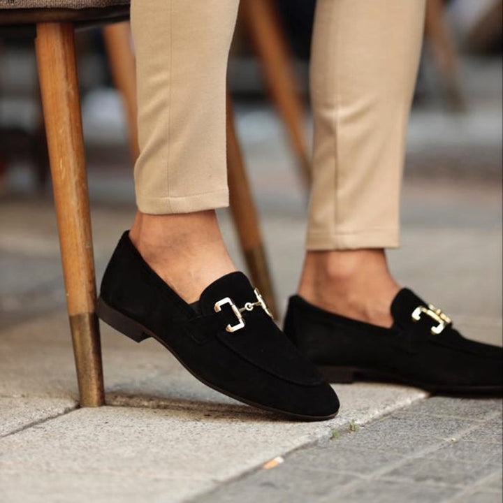 "Men's suede loafers with horsebit detail, featuring premium suede and classic almond toe design for stylish versatility."