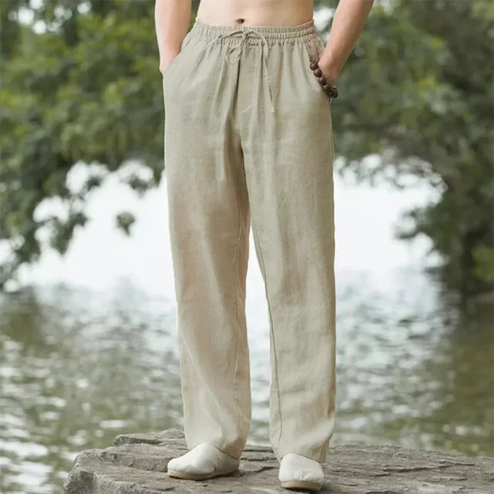 Men's summer linen pants, front view. Breathable lightweight fabric, relaxed fit with elastic waistband, perfect for casual w