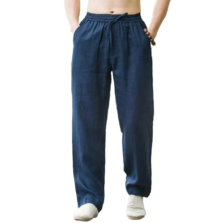 Men's summer linen pants, front view. Breathable lightweight fabric, relaxed fit with elastic waistband, perfect for casual w