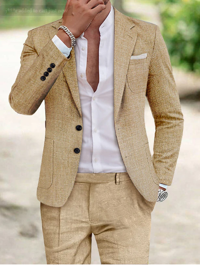 "Men's tailored linen suit, two-button notch lapel, elegant fit, breathable fabric, ideal for summer, casual or formal wear."
