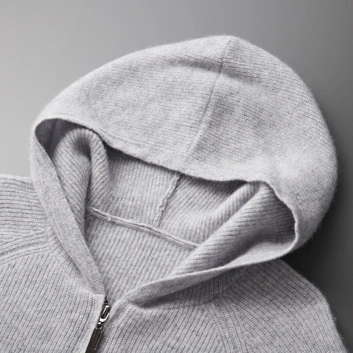 "Men's ultra-soft cashmere hoodie, sleek design, warm, durable, available in blue, gray, navy, perfect for comfort."