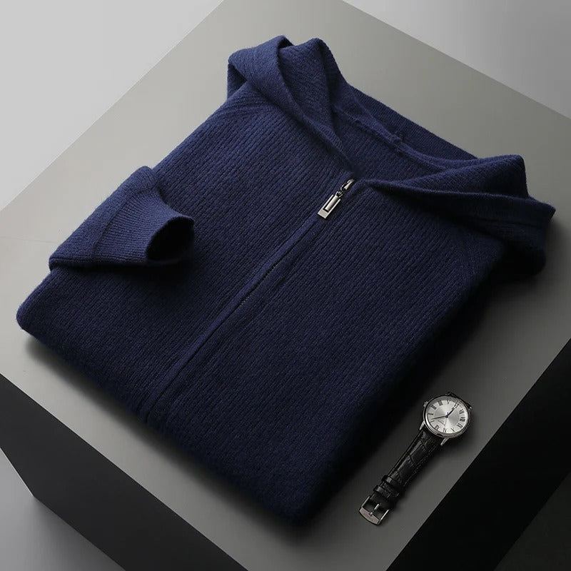 "Men's ultra-soft cashmere hoodie, sleek design, warm, durable, available in blue, gray, navy, perfect for comfort."