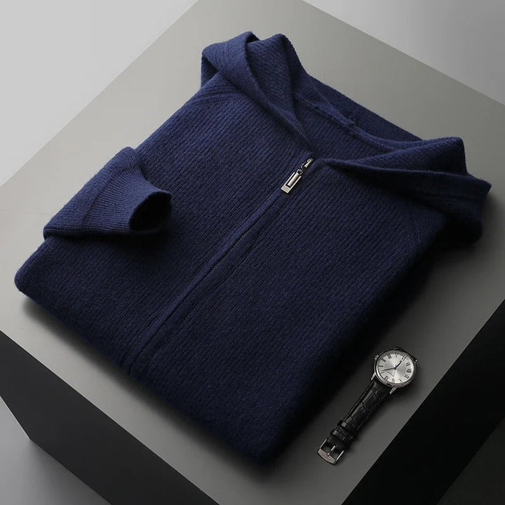 "Men's ultra-soft cashmere hoodie, sleek design, warm, durable, available in blue, gray, navy, perfect for comfort."