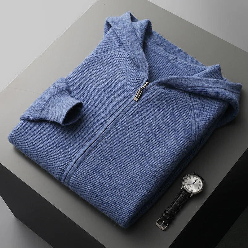 "Men's ultra-soft cashmere hoodie, sleek design, warm, durable, available in blue, gray, navy, perfect for comfort."