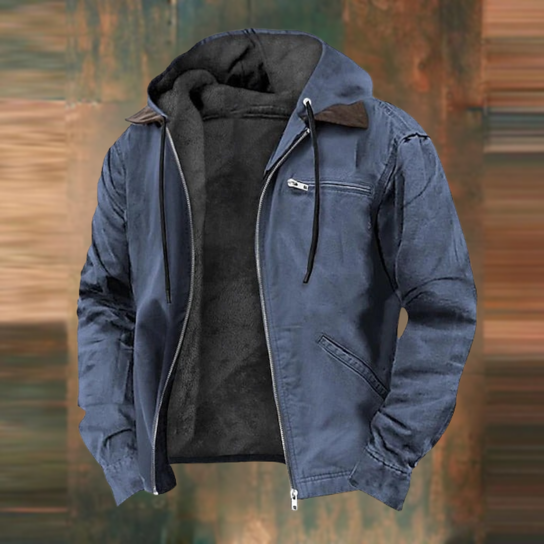 "Men's versatile hooded cotton jacket in stylish urban design with functional hood and eco-friendly sustainable fabric."