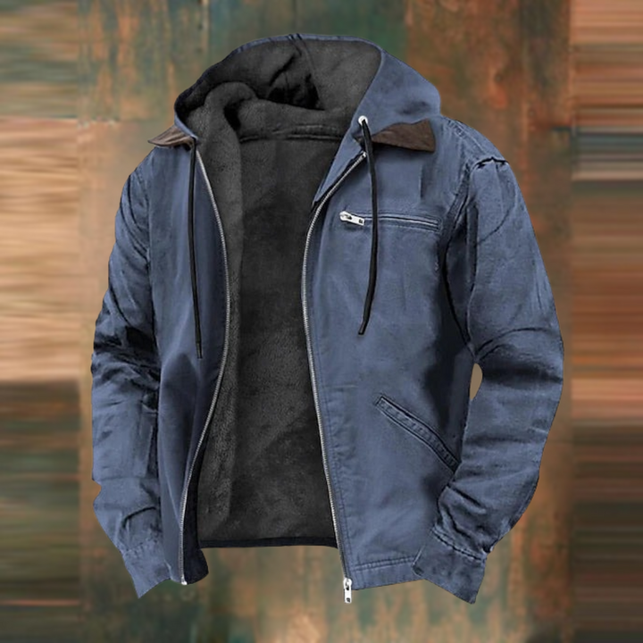 "Men's versatile hooded cotton jacket in stylish urban design with functional hood and eco-friendly sustainable fabric."