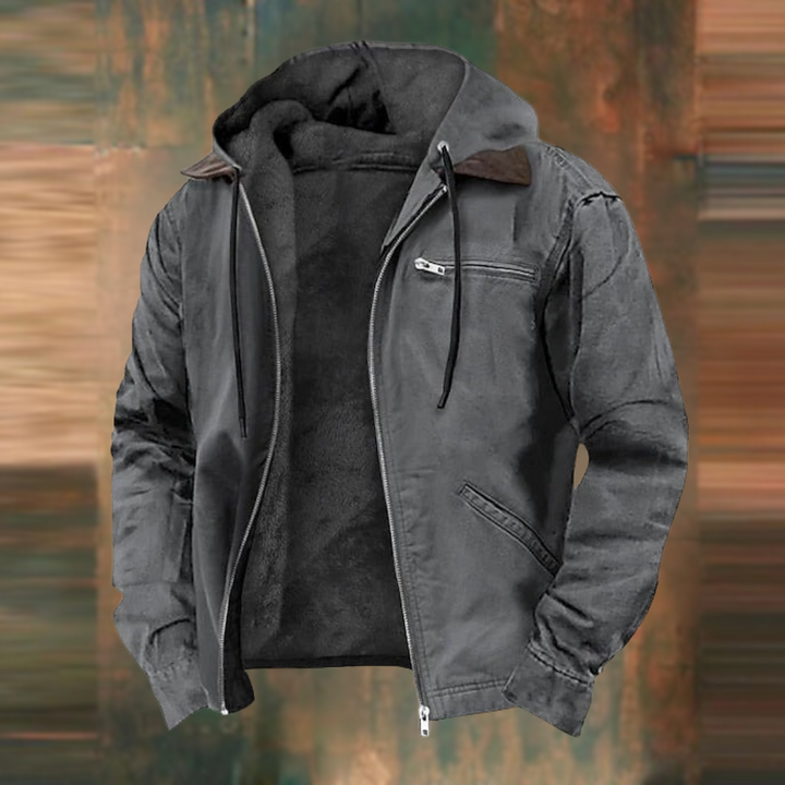 "Men's versatile hooded cotton jacket in stylish urban design with functional hood and eco-friendly sustainable fabric."