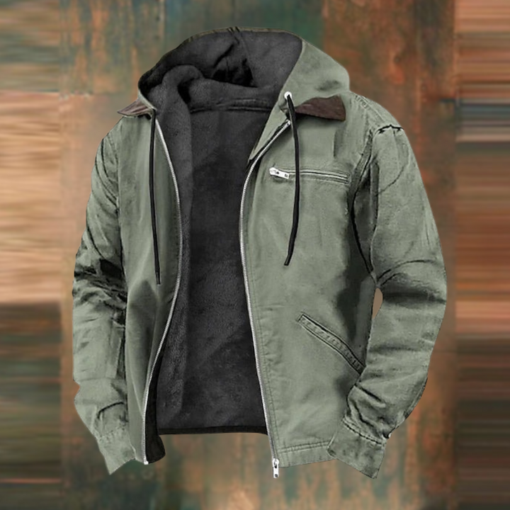 "Men's versatile hooded cotton jacket in stylish urban design with functional hood and eco-friendly sustainable fabric."