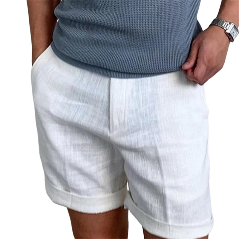 Men's vintage linen beach shorts, breathable and stylish in neutral tones, ideal for summer comfort and casual wear.
