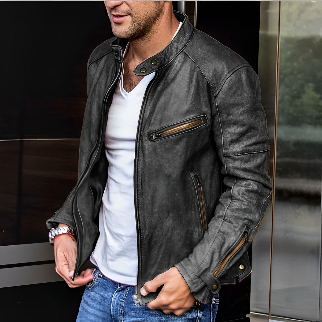 Men's vintage stand-up collar jacket, black PU leather, retro style, stylish for casual outings and outdoor adventures.
