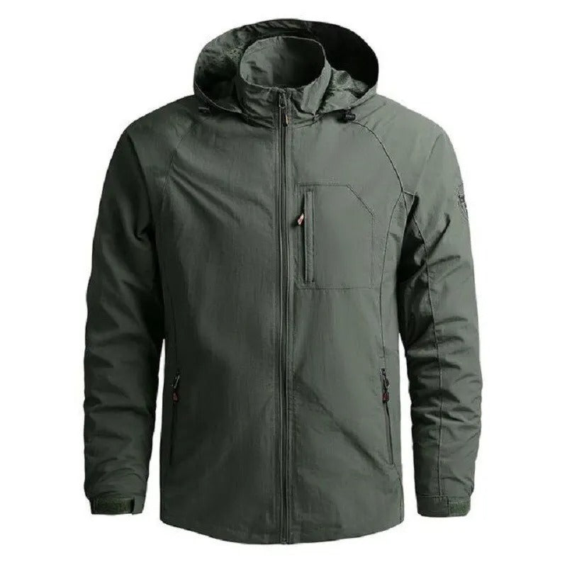 "Men's waterproof breathable cargo summer jacket with multiple pockets, perfect for outdoor adventures and summer showers."