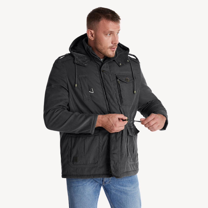 Men's waterproof winter parka with fur-lined hood; thick fleece lining, adjustable fit, multiple pockets; stylish and durable