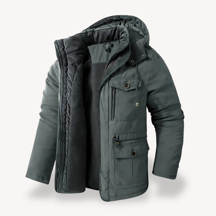 Men's waterproof winter parka with fur-lined hood; thick fleece lining, adjustable fit, multiple pockets; stylish and durable