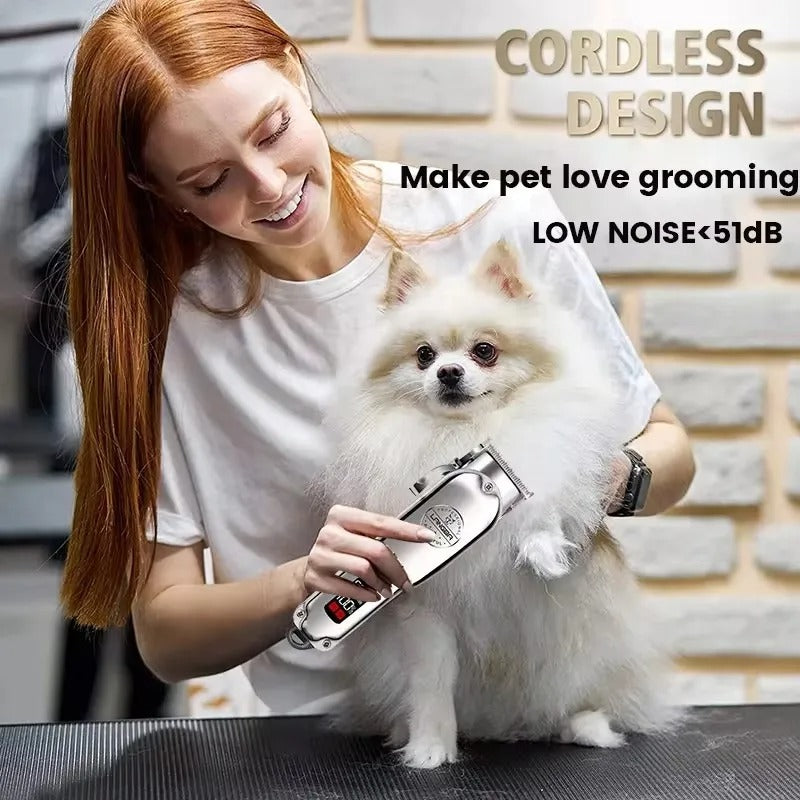 "Metal dog hair clipper with all-metal body, rechargeable, precision pet trimmer for quiet, seamless grooming."