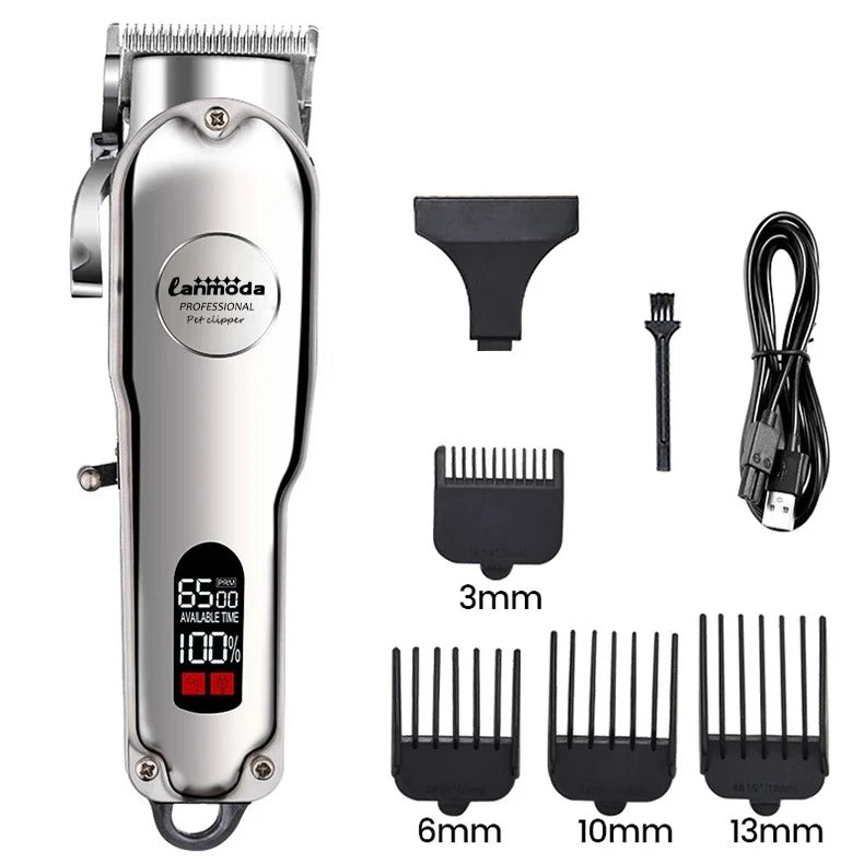 "Metal dog hair clipper with all-metal body, rechargeable, precision pet trimmer for quiet, seamless grooming."