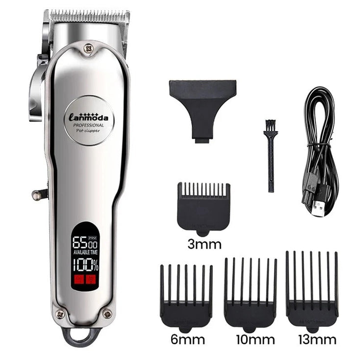 "Metal dog hair clipper with all-metal body, rechargeable, precision pet trimmer for quiet, seamless grooming."