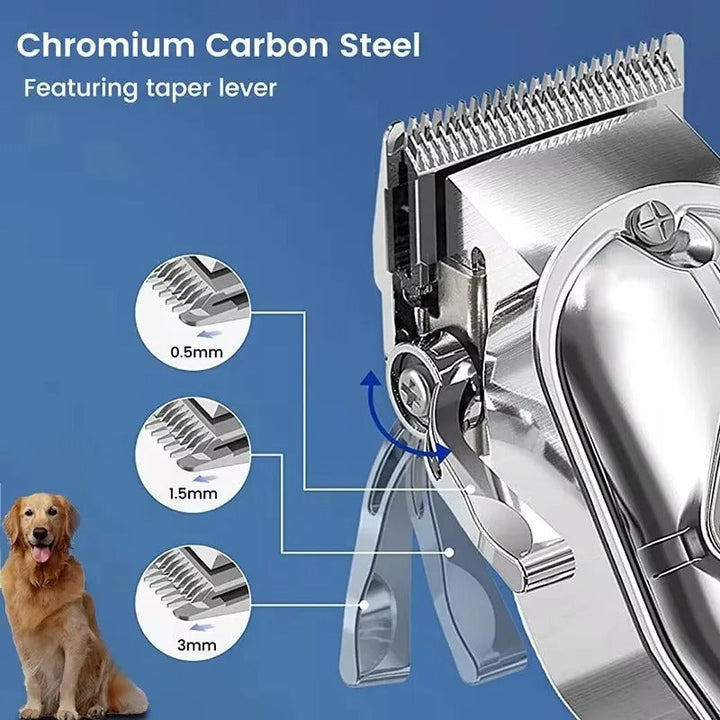 "Metal dog hair clipper with all-metal body, rechargeable, precision pet trimmer for quiet, seamless grooming."