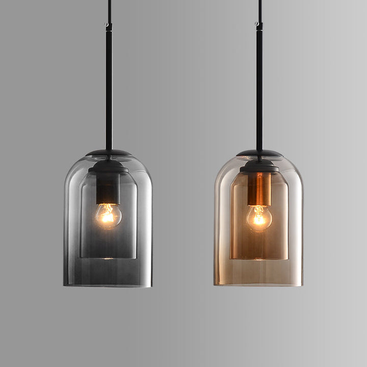 Mid-Century pendant lamp with double glass shades, polished iron fittings, smoke grey color, modern lighting for elegant spac