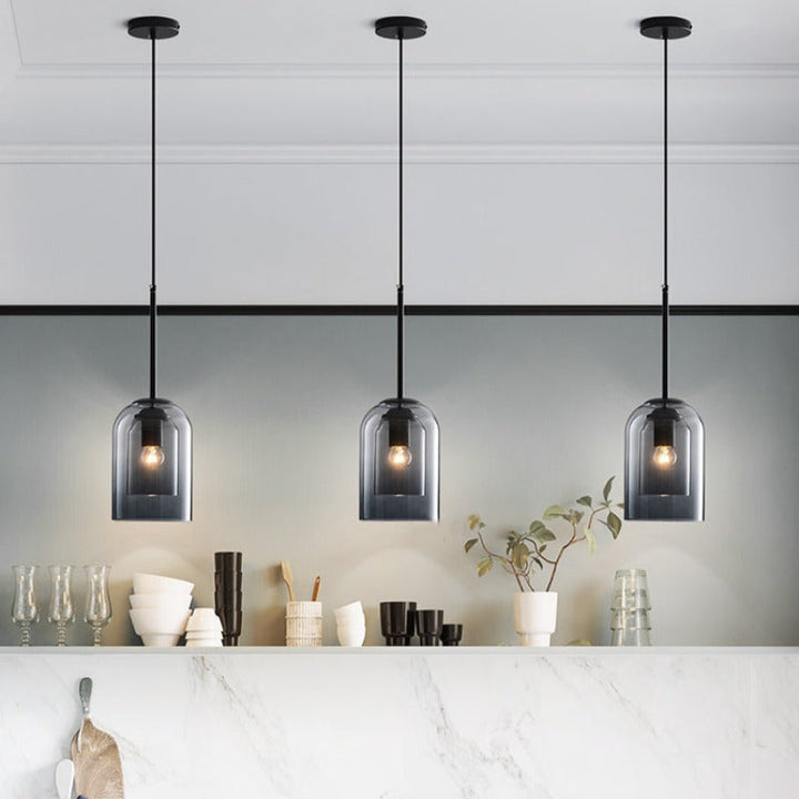 Mid-Century pendant lamp with double glass shades, polished iron fittings, smoke grey color, modern lighting for elegant spac