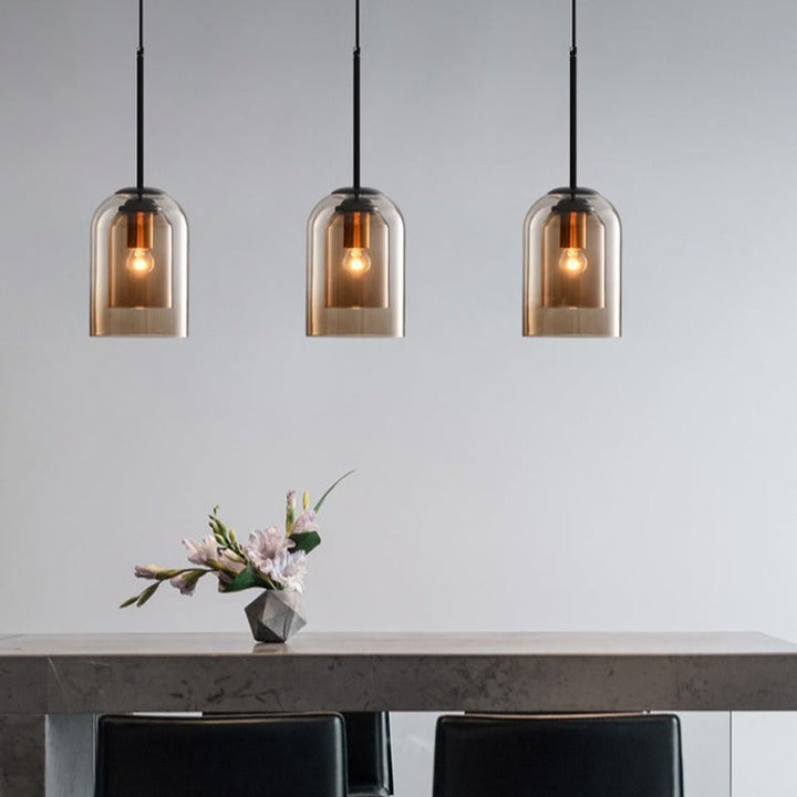 Mid-Century pendant lamp with double glass shades, polished iron fittings, smoke grey color, modern lighting for elegant spac