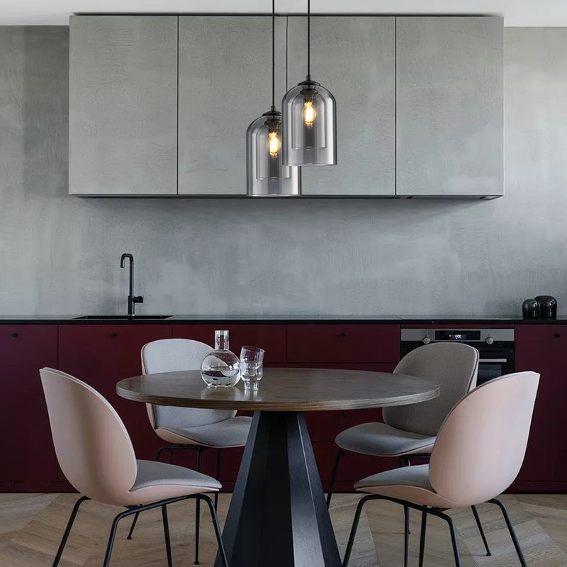 Mid-Century pendant lamp with double glass shades, polished iron fittings, smoke grey color, modern lighting for elegant spac