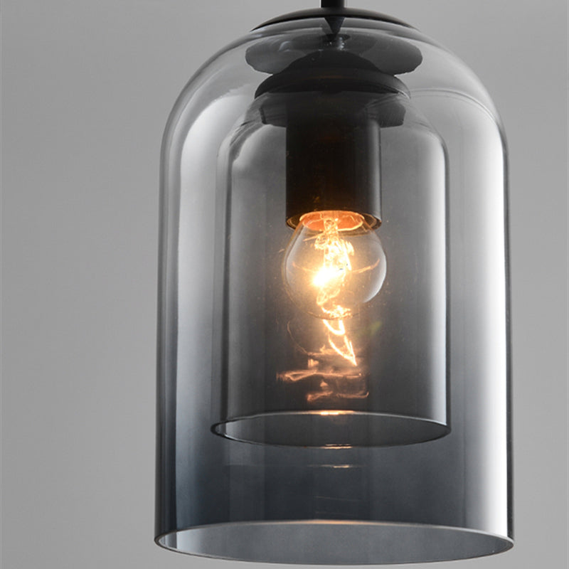 Mid-Century pendant lamp with double glass shades, polished iron fittings, smoke grey color, modern lighting for elegant spac