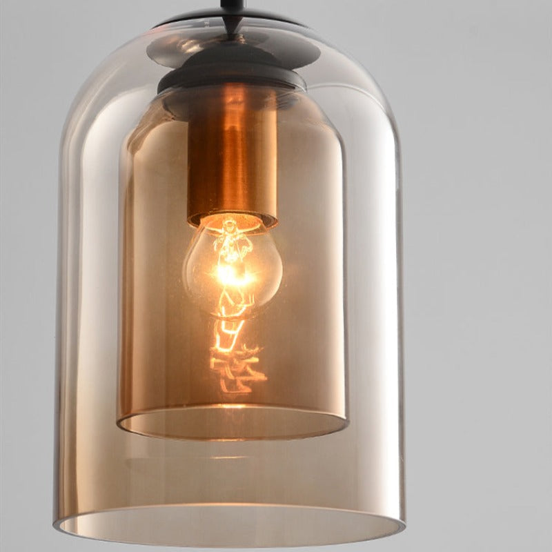 Mid-Century pendant lamp with double glass shades, polished iron fittings, smoke grey color, modern lighting for elegant spac