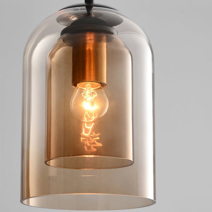 Mid-Century pendant lamp with double glass shades, polished iron fittings, smoke grey color, modern lighting for elegant spac
