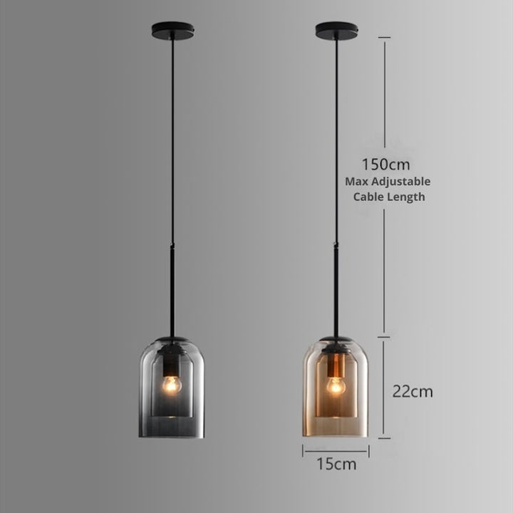 Mid-Century pendant lamp with double glass shades, polished iron fittings, smoke grey color, modern lighting for elegant spac
