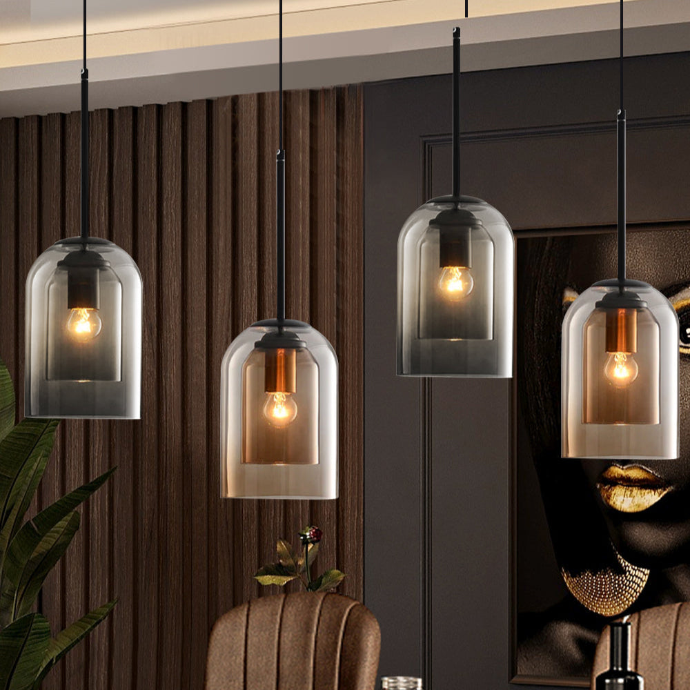 Mid-Century pendant lamp with double glass shades, polished iron fittings, smoke grey color, modern lighting for elegant spac