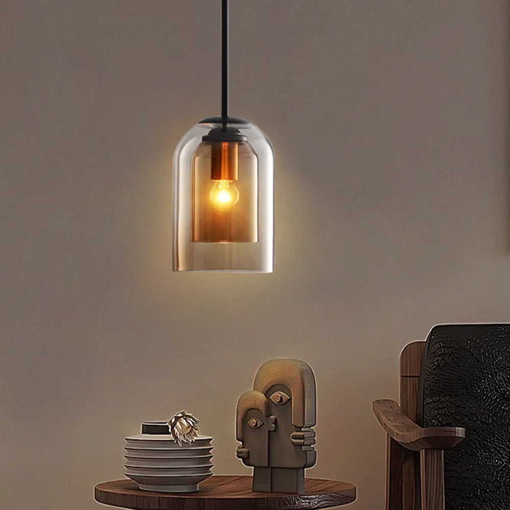 Mid-Century pendant lamp with double glass shades, polished iron fittings, smoke grey color, modern lighting for elegant spac